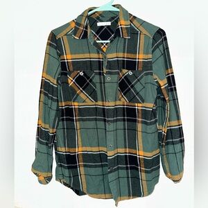 Green, Yellow, and Black Plaid Button-Up Flannel